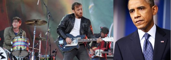 President Barack Obama (right) is reportedly massively bummed to have missed rock group The Black Keys' (left) performance at Bridgestone Arena last evening due to a scheduling mix-up.